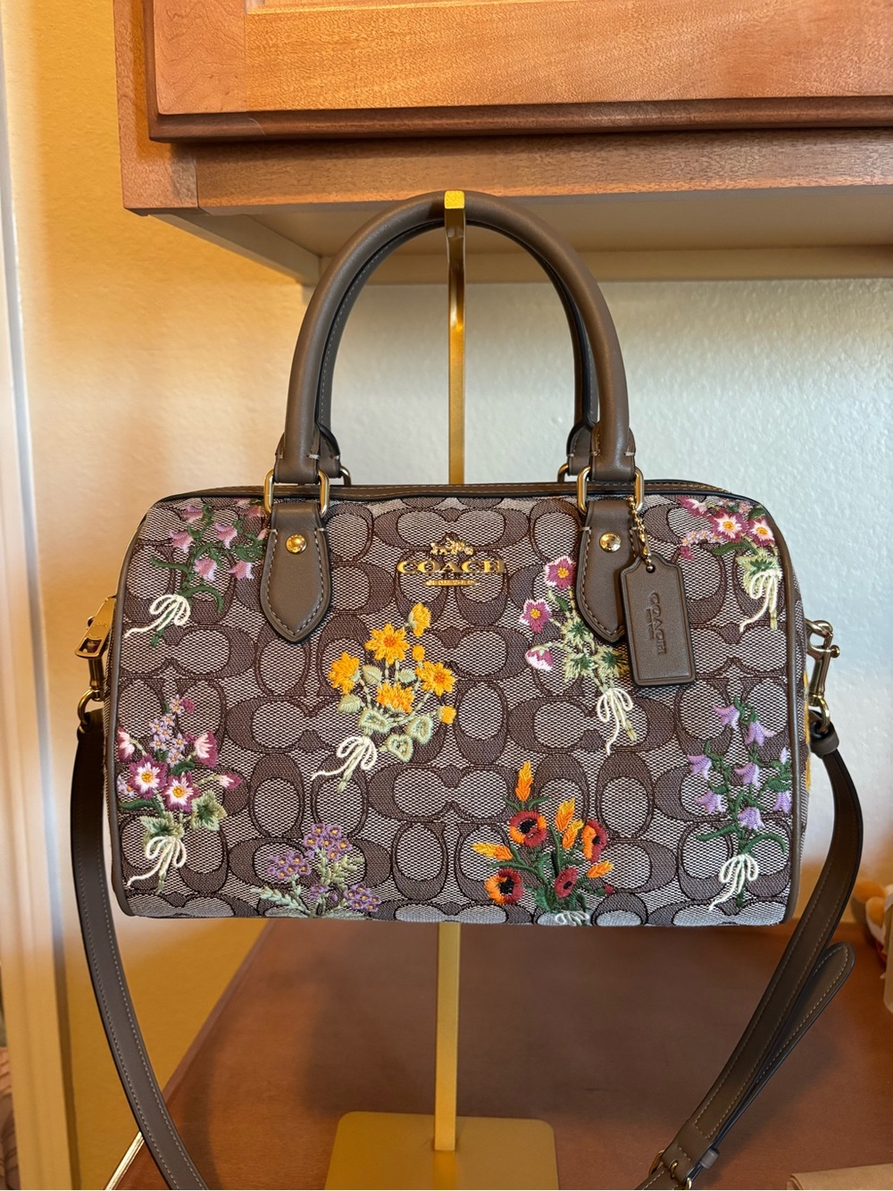 Coach Brown Signature Floral Satchel with Multicolor Embroidery